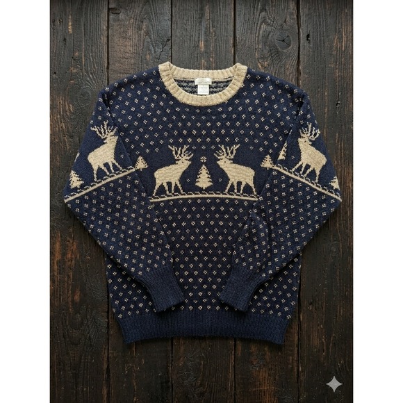 Vintage Old Navy Vintage Reindeer Fair Isle Navy Wool Blend Sweater Holiday